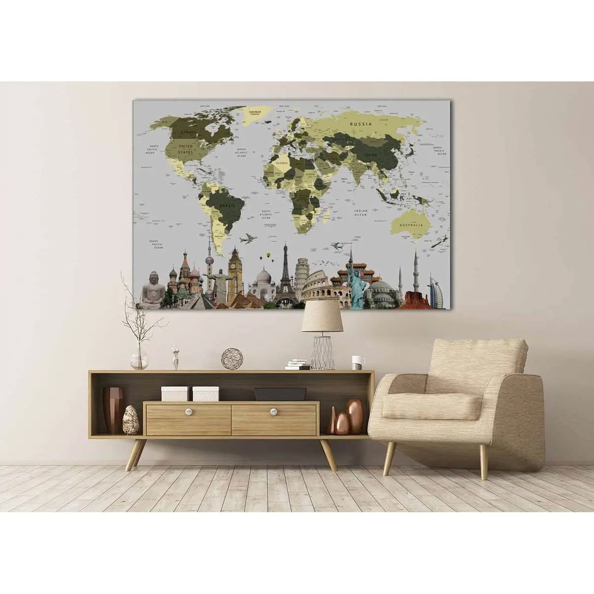 World Map With Landmarks №107 Ready To Hang Canvas Print 2
